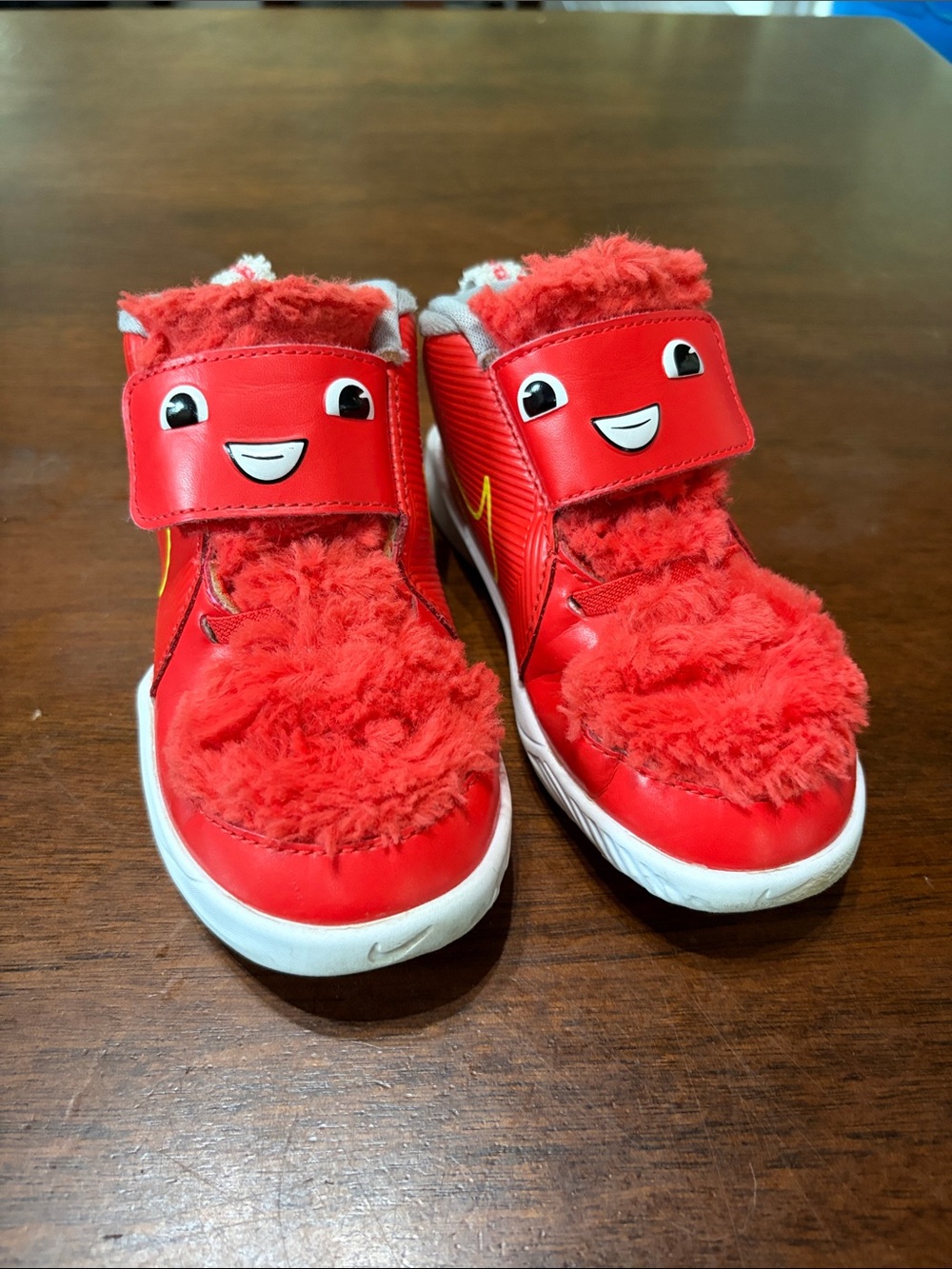 Nike Kids Red Fuzzy Velcro Sneakers with Smiley Face